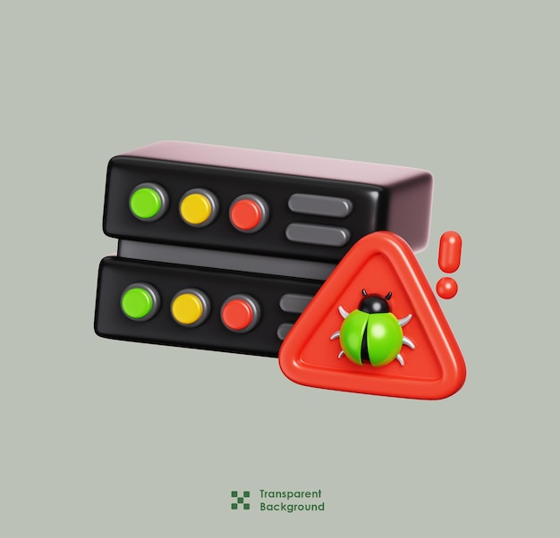database storage server with virus bug on alert warning sign cyber security icon 3d rendering