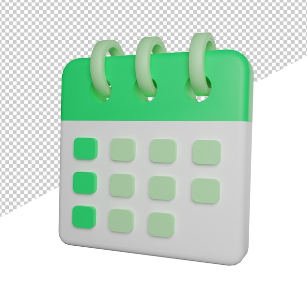 Date du calendrier sur le côté vert vue illustration 3d rendu icône fond transparent