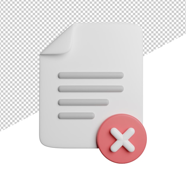 Datei löschen Dokument Vorderansicht 3D-Rendering-Symbol Illustration auf transparentem Hintergrund