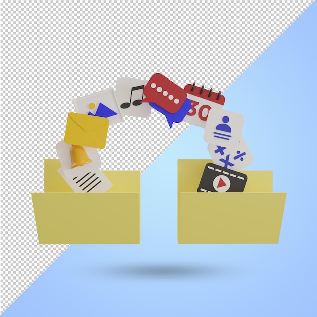 Dateien übertragen. datenaustausch. ordner mit papierakten und apps, 3d-icons, psd-datei