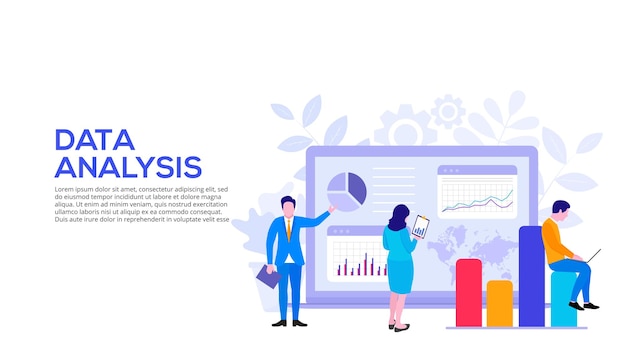 Datenanalyse-designkonzept mit personendiagramm und flacher illustration des laptops