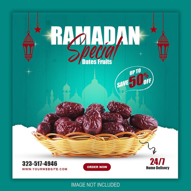 Dates spéciales du ramadan fruits publication sur les médias sociaux ou modèle de bannière carrée psd