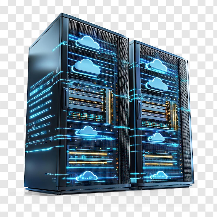 PSD dati cloud 3d connessi con moderni rack di server di rete vista laterale isolata su sfondo trasparente