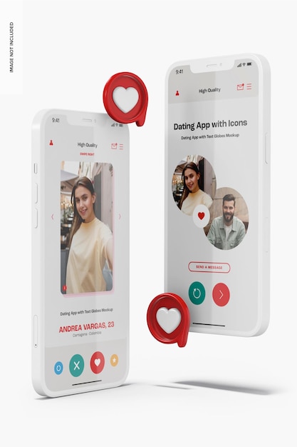 PSD dating-app mit text-globen-mockup, linke und rechte ansicht