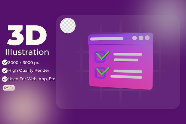 Los datos de la lista de verificación del icono del objeto de ilustración 3d se pueden usar para gráficos de información de aplicaciones web, etc.