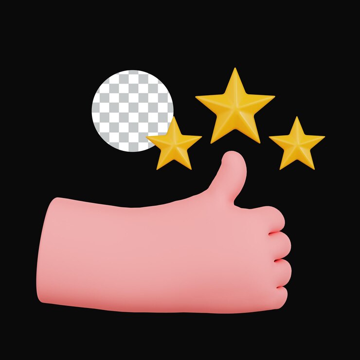 PSD daumen hoch mit goldenen sternen für positives feedback und ausgezeichnete dienstbewertung
