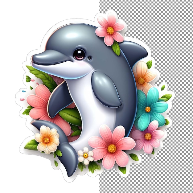 PSD le dauphin à saut floral au milieu de l'autocollant de beauté en fleurs