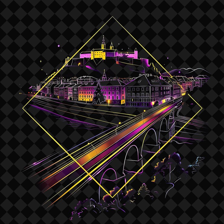 PSD dazzling neon ljubljana panorama dentro de una silueta diamante png y2k monolina paisaje de la ciudad arte de collage