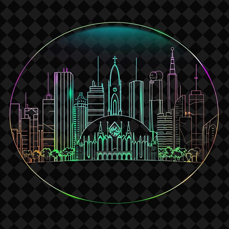 PSD dazzling neon são paulo skyline dentro de una silueta oval lan png y2k monoline cityscape colage art