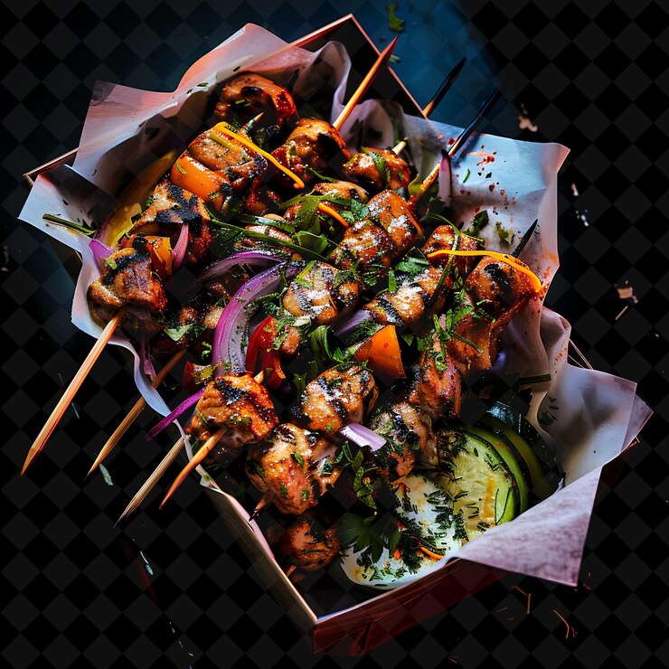 PSD dazzling neon zags grego souvlaki skewers en un papel rústico png decoración de comida de neón colección y2k