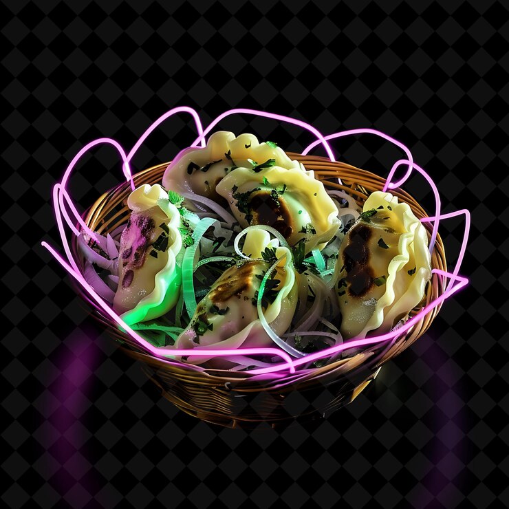 PSD dazzling neon zigzags polaco pierogi dumplings en una decoración de comida de neón hecha a mano png colección y2k