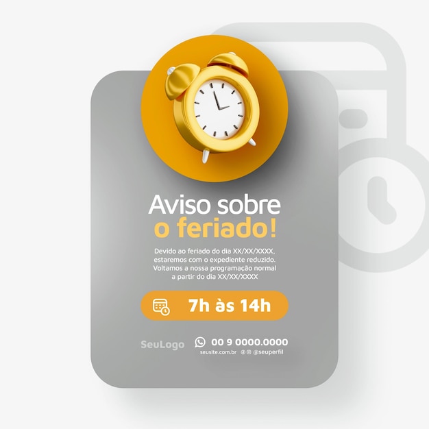 de feriado aviso conceito post modelo psd 3d relógio