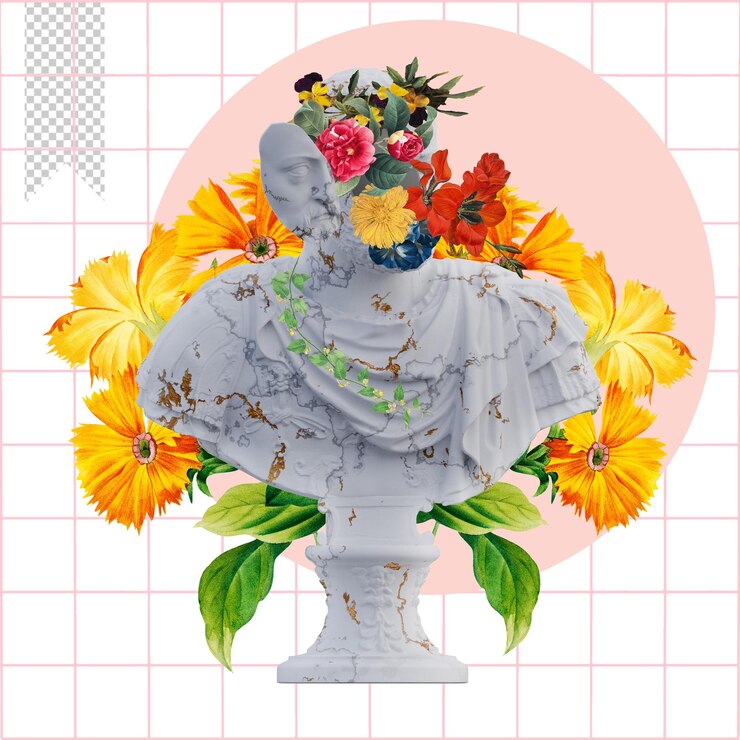 PSD de medici statues 3d render collage with flower petals compositions for your work