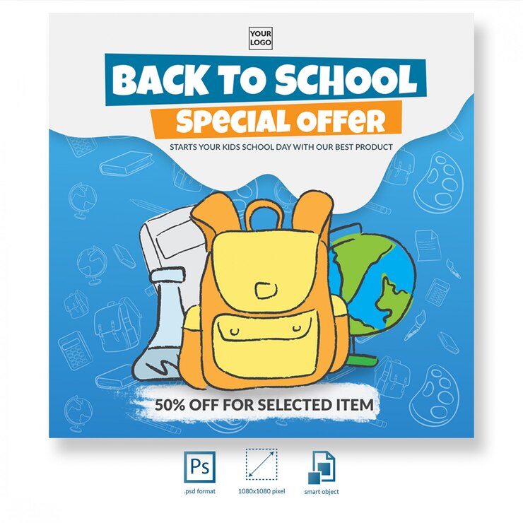 De volta à escola com oferta de desconto de ilustração de mão desenhada post de mídia social ou modelo de banner