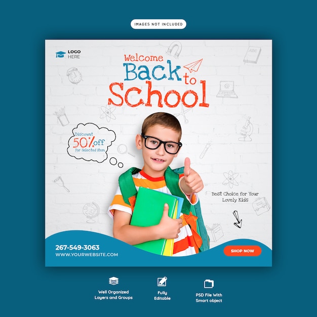 De volta à escola com oferta de desconto modelo de postagem de mídia social