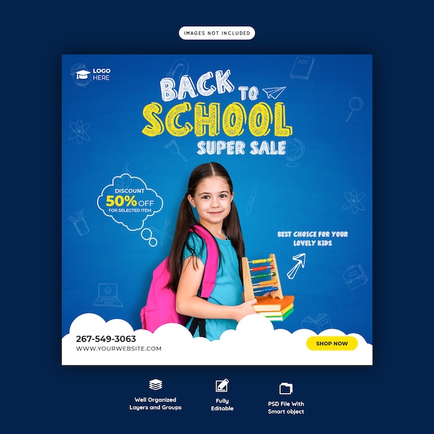 De volta à escola com oferta de desconto modelo de postagem de mídia social