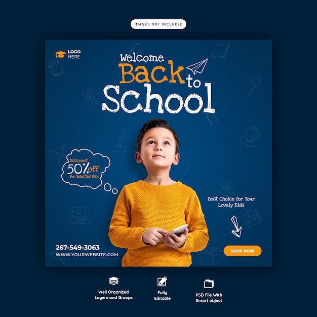 De volta à escola com oferta de desconto modelo de postagem de mídia social