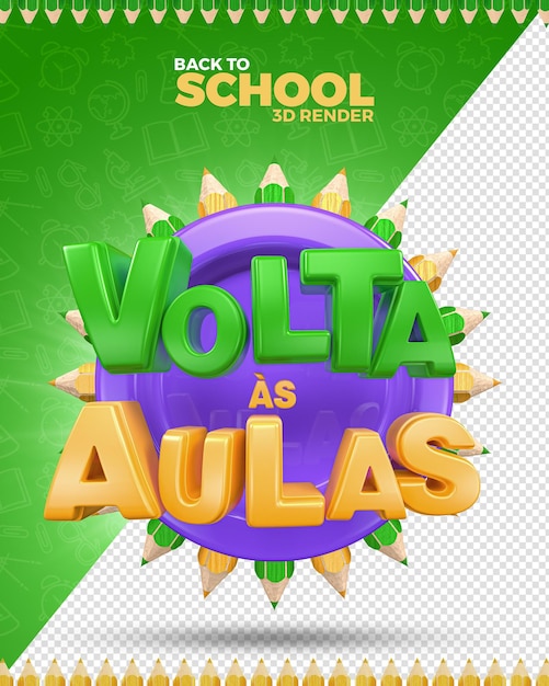 De volta à escola label 3d render em português com lápis escolar