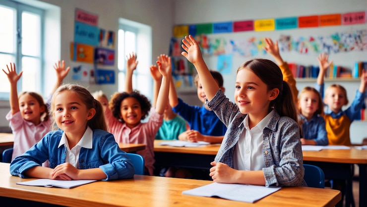 PSD de volta à escola, os colegas levantam as mãos na aula para uma resposta.