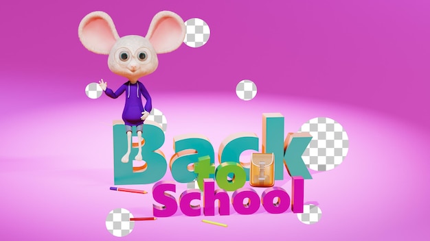 De volta aos textos de título 3D do personagem de desenho animado da escola com mouse de desenho animado sentado em letras 3d Render