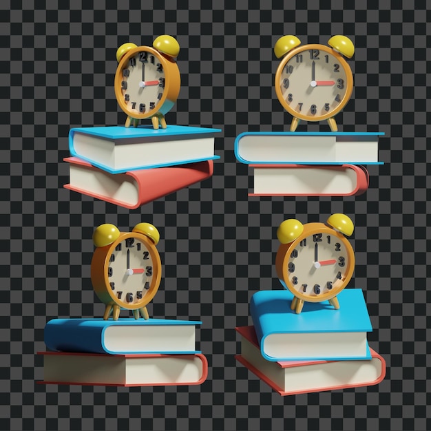 De volta às aulas, preparação, educação, ícone de renderização 3D, relógio, tempo, leitura, livro