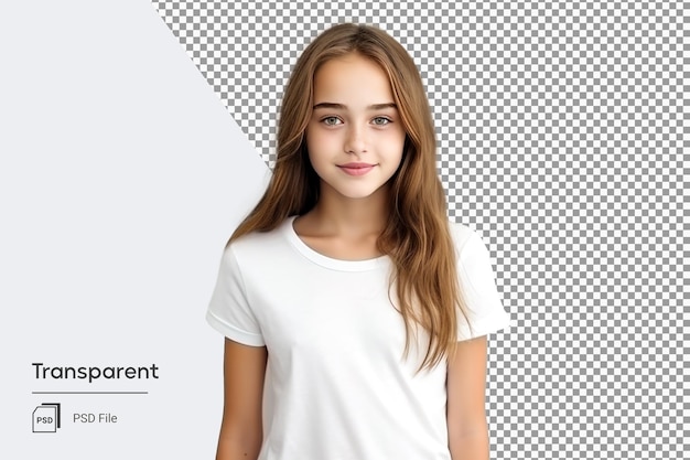 Debout jeune adolescente souriante enfant en T-shirt blanc fond transparent généré par l'IA