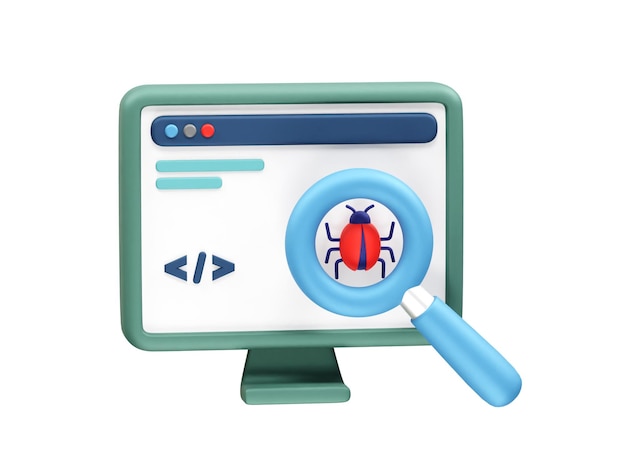 Debugging Ilustración del icono de error de software 3d Detección de errores Ilustración de icono 3D