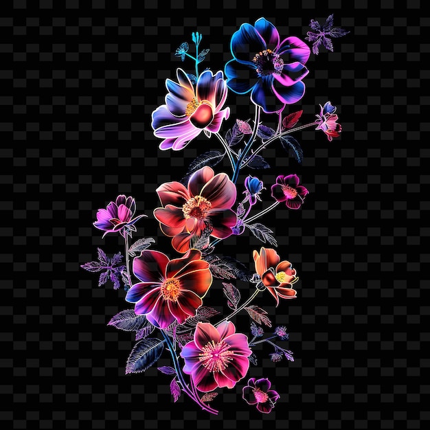 PSD decalque de cinta floral png con imágenes de rosas y margaritas romántico creativo de neón y2k forma decorativa