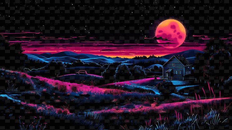 PSD decalque de cinta rural png con escenas de campo infundidas con neón y n creative neon y2k shape decorativea