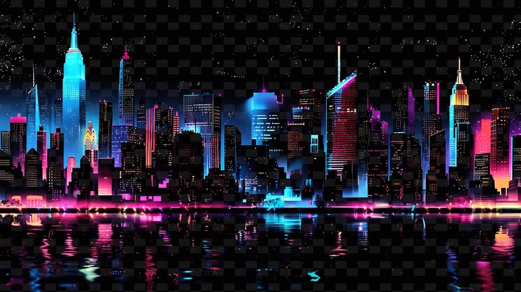 PSD decalque de la ciudad de png con ilustraciones de horizontes y con glitteri creative neon y2k shape decorativen