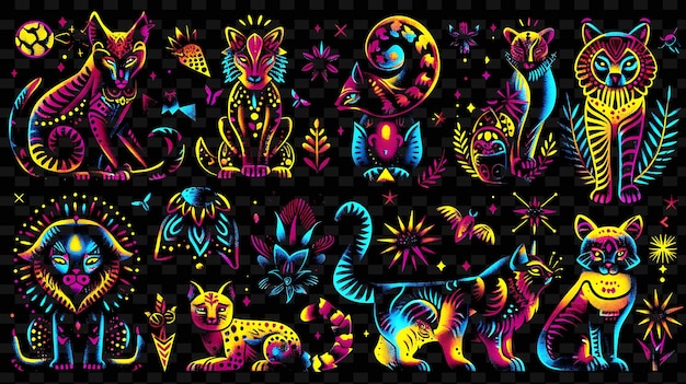 PSD decalque de fita curva png com ilustrações de animais e com gl creative neon y2k shape decorativei