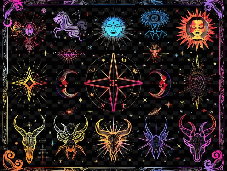 PSD decalque em forma de zodíaco png com ilustrações de signos do zodíaco e creative neon y2k shape decorativew