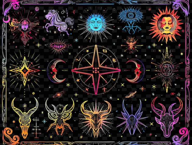 PSD decalque en forma de zodiaco png con ilustraciones de signos del zodiaco y decorativo de forma creativa de neón y2k