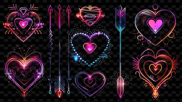 PSD décalque en forme de cœur png avec des symboles d'amour et avec un néon créatif étincelant y2k shape decorativeh