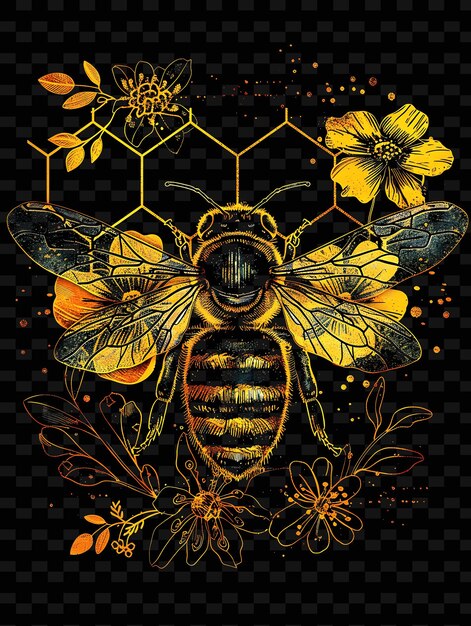 PSD decalque hexagonal png con motivos de abejas y con brillanteza hon neón creativo decorativo de forma y2k