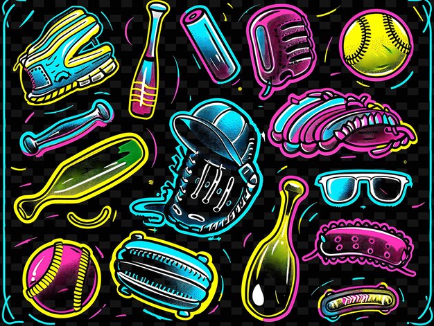 Décalque De Ruban De Baseball Png Avec Des Images De Balles De Baseball Et De Gants Decoratifs Créatifs En Néon Y2k