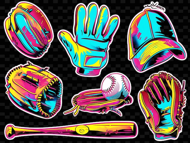 PSD décalque de ruban de baseball png avec des images de balles de baseball et de gants decoratifs créatifs en néon y2k