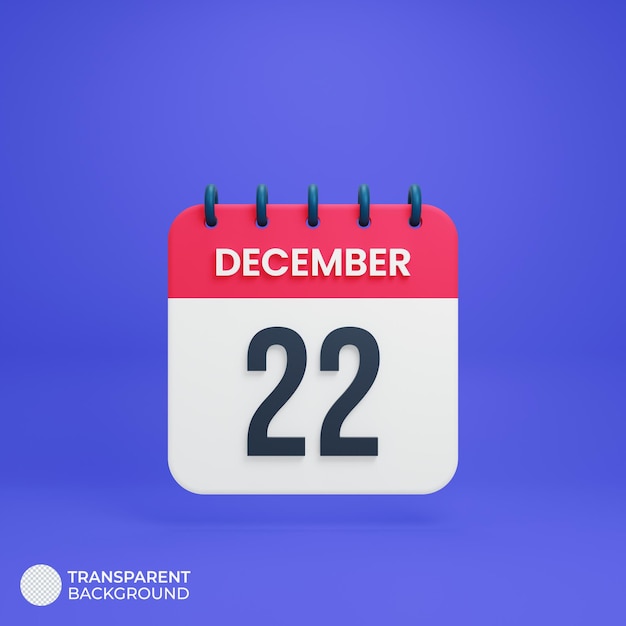 Décembre Calendrier Réaliste Icône Date Rendu 3D 22 Décembre