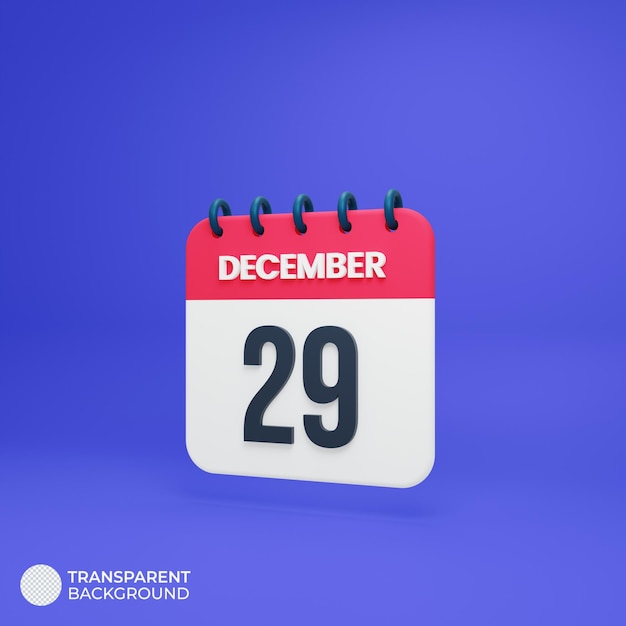 Décembre Calendrier Réaliste Icône Date Rendu 3d 29 Décembre