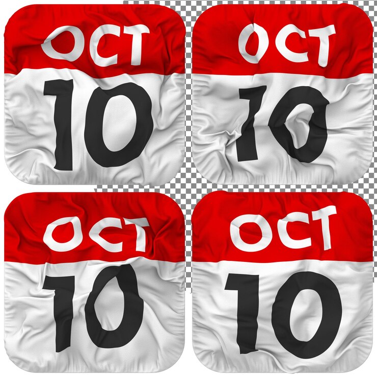 PSD décimo 10 de octubre fecha icono del calendario aislado cuatro estilo ondulado textura de relieve representación 3d