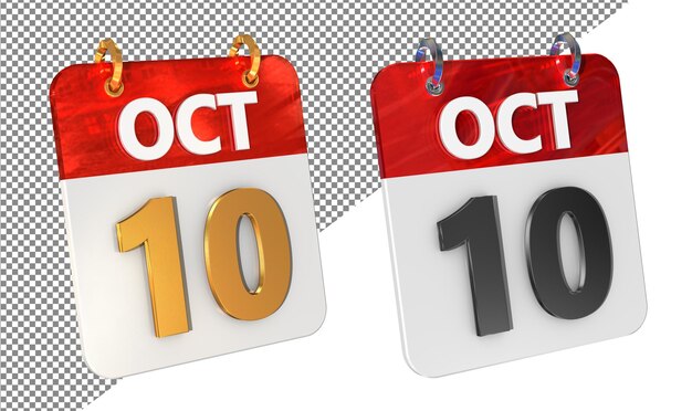 Decimo 10 ottobre Data Icona 3D Isolata Amplificatore d'oro Rendering 3D lucido