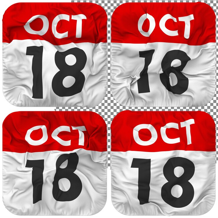 PSD decimoctavo 18 de octubre fecha calendario icono aislado cuatro estilo ondulado textura de protuberancia representación 3d