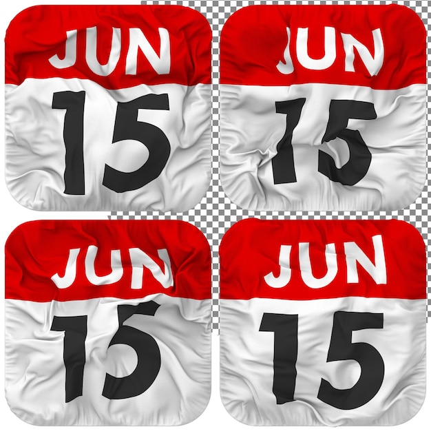 PSD decimoquinto 15 de junio fecha calendario icono aislado cuatro ondulado estilo bump textura 3d rendering