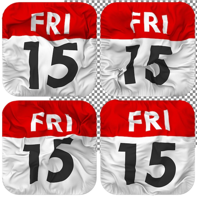 PSD decimoquinto 15 viernes fecha calendario icono aislado cuatro estilo ondulado textura de protuberancia representación 3d