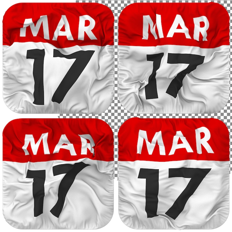 PSD decimoséptimo 17 de marzo fecha calendario icono aislado cuatro ondulación estilo bump textura 3d rendering
