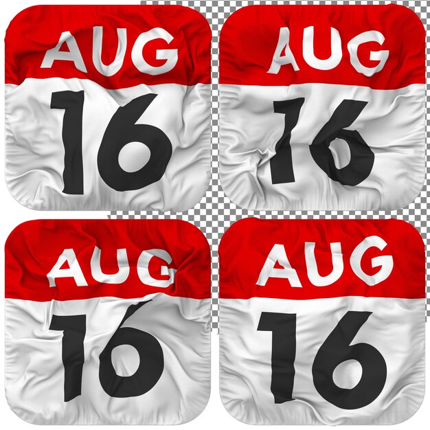 PSD decimosexto 16 de agosto fecha calendario icono aislado cuatro estilo ondulado textura de protuberancia representación 3d