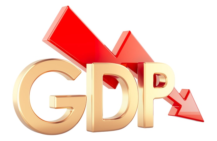 PSD declinación del pib con flecha roja declinación económica o concepto de recesión rendering 3d