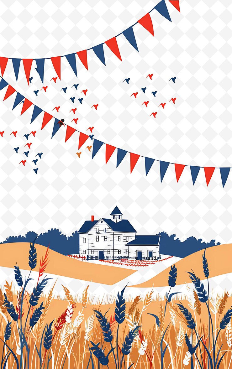 PSD décor rural avec une petite mairie et des agriculteurs pour le design d'affiche d'illustration electio flat