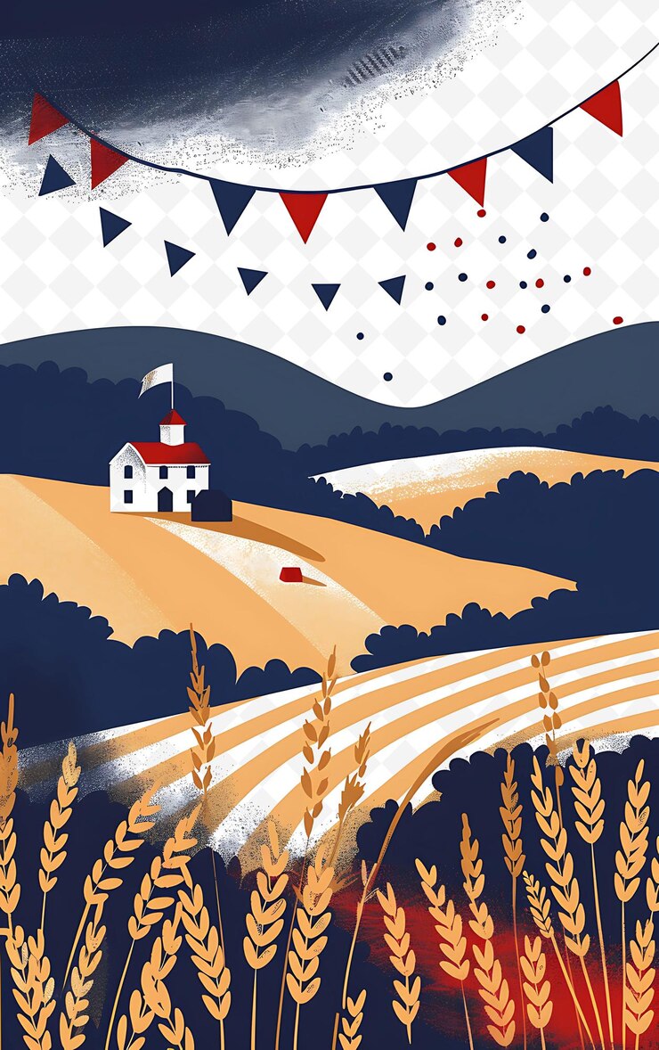PSD décor rural avec une petite mairie et des agriculteurs pour le design d'affiche d'illustration electio flat