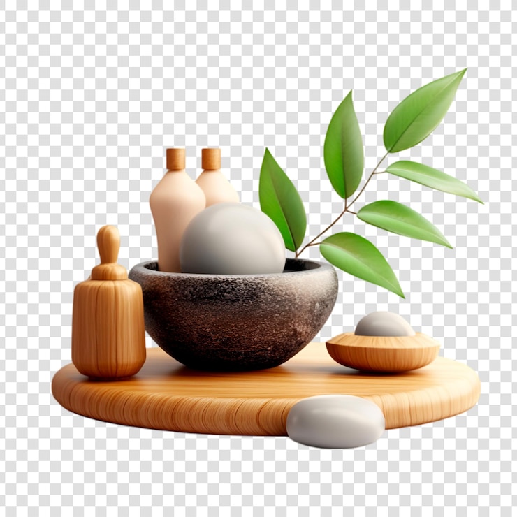 PSD un décor de spa zen avec des pierres de plateau en bois et des bougies sur un fond transparent
